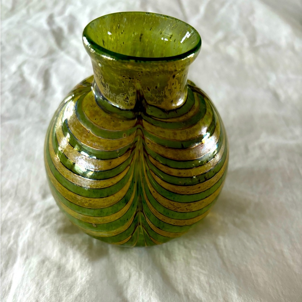 Vintage CZECH green silver glass vase, bohemian art glass.